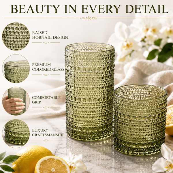 Hobnail Beaded Highball Drinking Tumbler Glasses | Set of 12