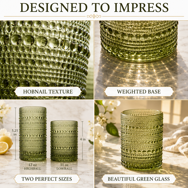 Hobnail Beaded Highball Drinking Tumbler Glasses | Set of 12