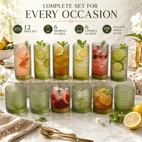 Hobnail Beaded Highball Drinking Tumbler Glasses | Set of 12