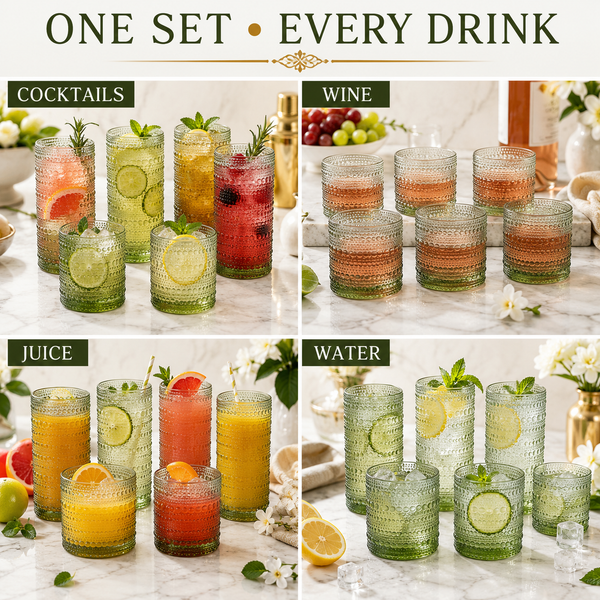 Hobnail Beaded Highball Drinking Tumbler Glasses | Set of 12