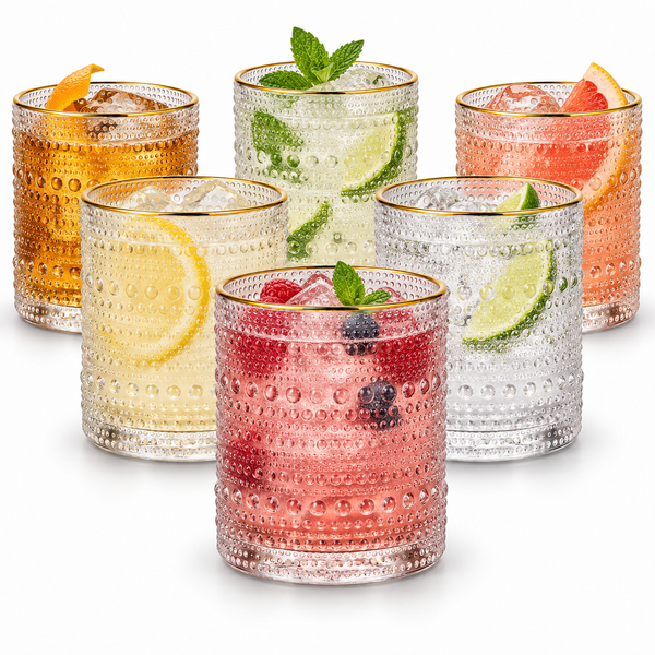 Clear Gold Rim Hobnail Glass Set, 6 Piece 10oz Transparent