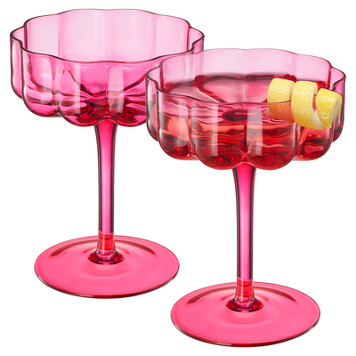 Wave Champagne Coupe Cocktail Glassware, Bright Pink, Set of 2