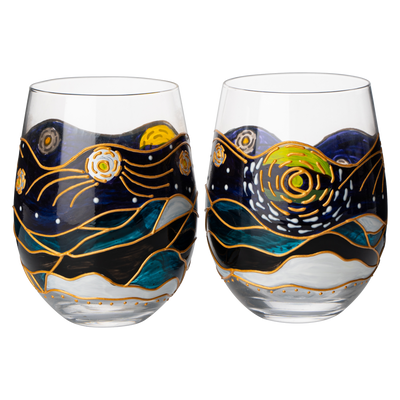 Vincent Van Gogh Wine Glasses Artisanal Hand Painted Stemless Set of 2 - The Wine Savant - 2 Set of Tumblers - Artistic Gift Idea for Her, Him, Birthday, Housewarming - Extra Large Goblets (18.5 OZ)