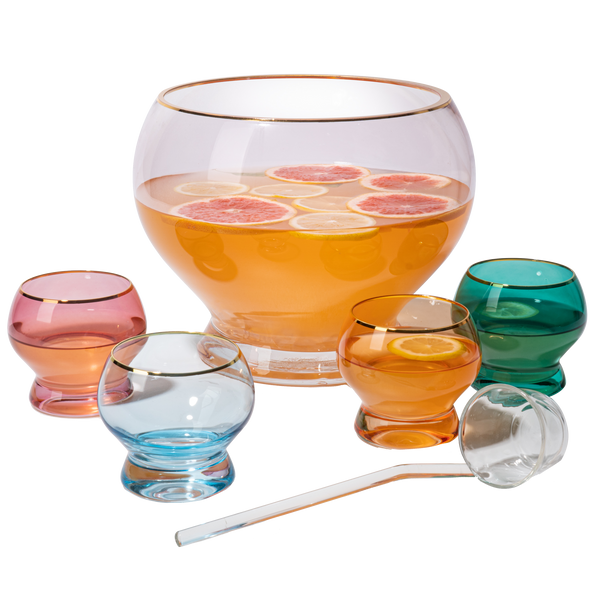 Vibes Colorful 1.7 Gallon Punch Bowl with 4 10oz Glasses Set with Ladle Gift For Mothers Day, Her, Wife, Mom, Friend - Colored Set Margarita, Cocktails, Juice, Punch Drink bowl for Parties, Weddings