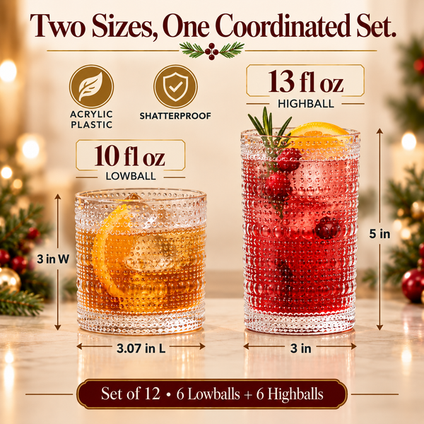 Barcelona Acrylic Hobnail Lowball & Highball Glassware, Set of 12