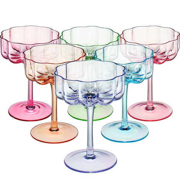 Wave Flower Champagne Coupe Cocktail Glassware, Pastel, Set of 6