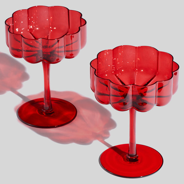 Wave Flower Champagne Coupe Cocktail Glassware, Red, Set of 2