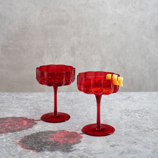 Wave Flower Champagne Coupe Cocktail Glassware, Red, Set of 2