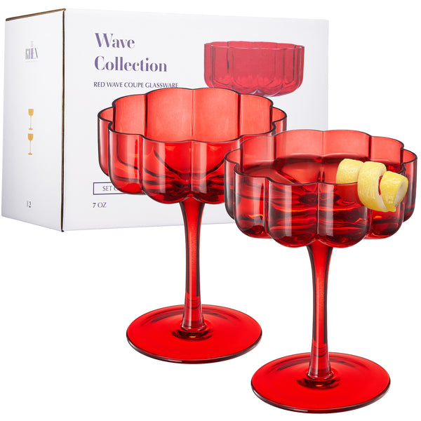 Wave Flower Champagne Coupe Cocktail Glassware, Red, Set of 2