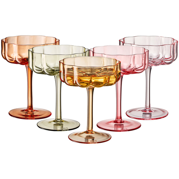 Wave Flower Champagne Coupe Cocktail Glassware, Set of 5