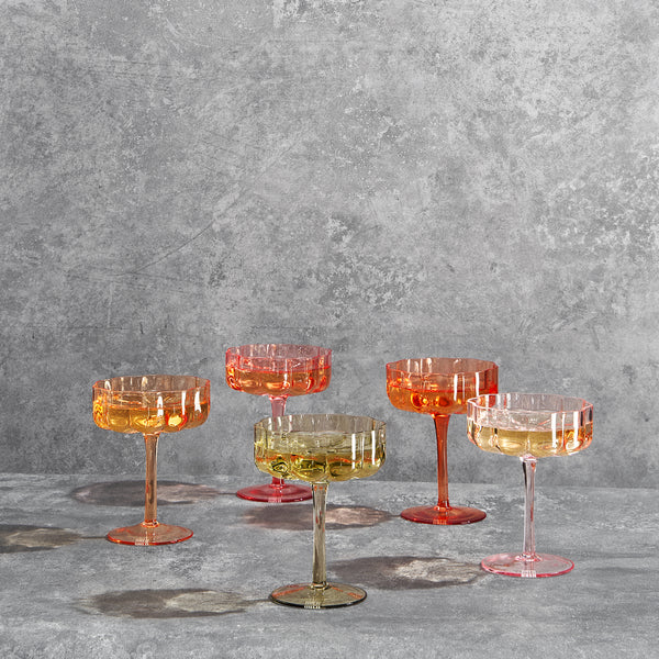 Wave Flower Champagne Coupe Cocktail Glassware, Set of 5