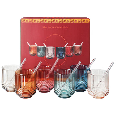 Tonal Lowball Cocktail Glassware with Straws, Set of 6