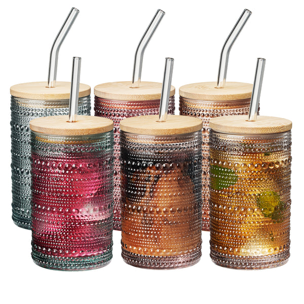 Tonal Hobnail Highball Glassware, With 6X Lids & Glass Straws, Set of 6