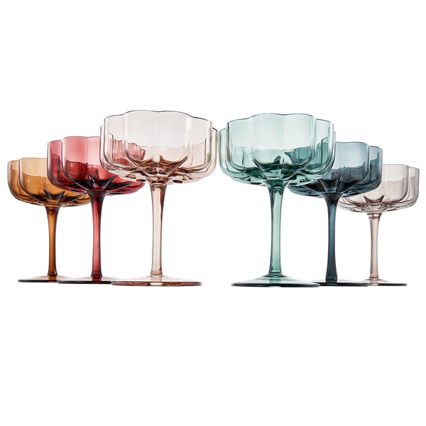 Wavy Flower Coupe Glasses in Muted colors set of 6