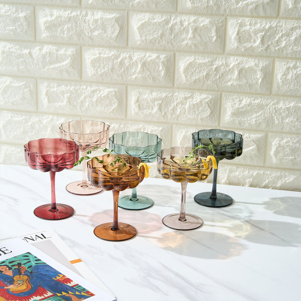 Wavy Flower Coupe Glasses in Muted colors set of 6