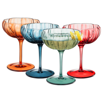 Tonal Flower Champagne Coupe Cocktail Glassware, Set of 4