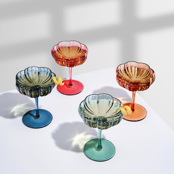 Tonal Flower Champagne Coupe Cocktail Glassware, Set of 4