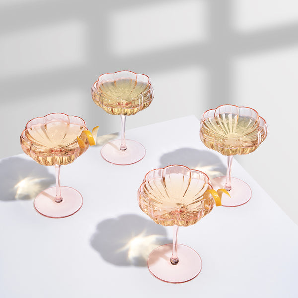 Flower Wave Champagne Coupe Cocktail Glassware, Set of 4