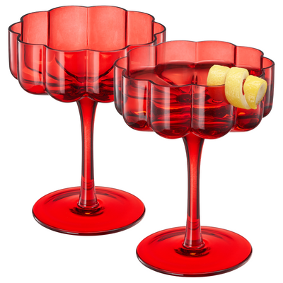 Wave Champagne Coupe Cocktail Glassware, Red, Set of 2
