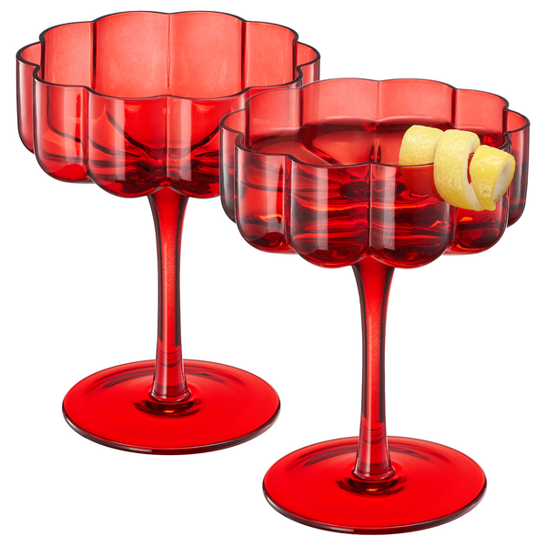 Wave Flower Champagne Coupe Cocktail Glassware, Red, Set of 2