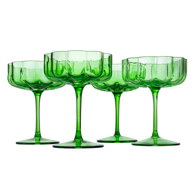 Wave Champagne Coupe Cocktail Glassware, Green, Set of 4