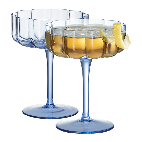 Wave Flower Champagne Coupe Cocktail Glassware, Blue, Set of 2