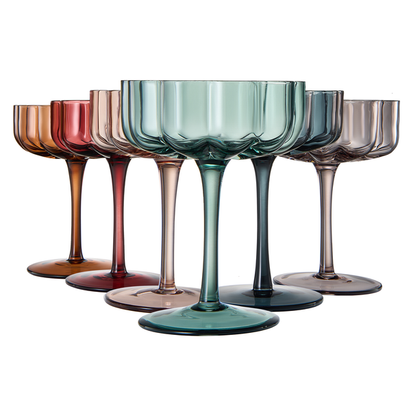 Wavy Flower Coupe Glasses in Muted colors set of 6