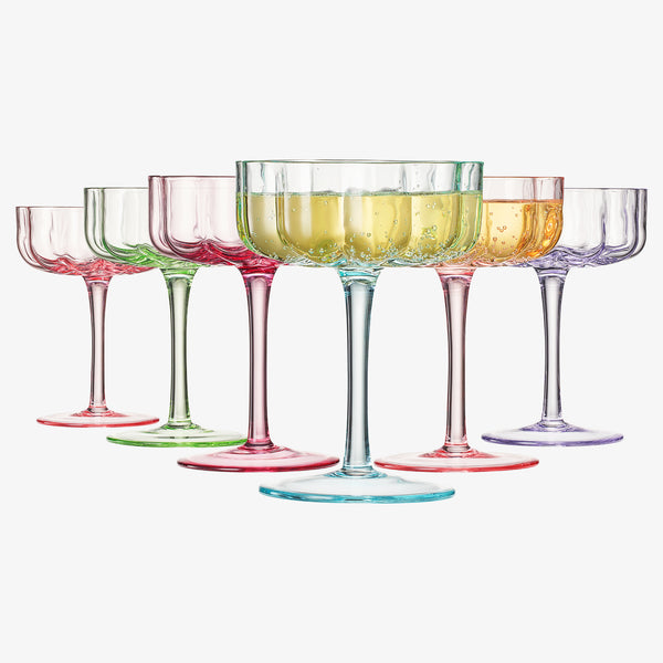 Wave Flower Champagne Coupe Cocktail Glassware, Pastel, Set of 6