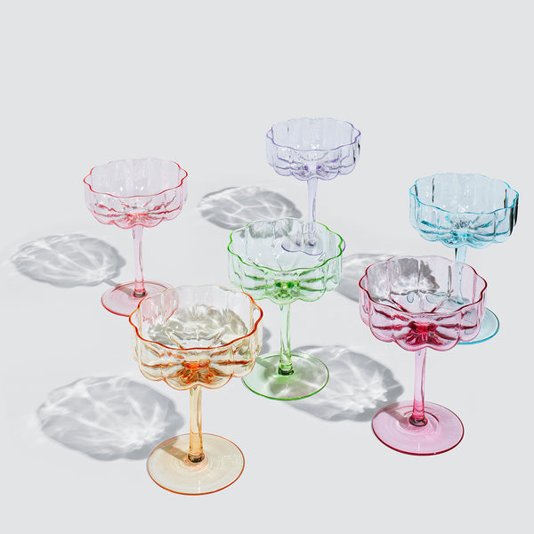 Wave Flower Champagne Coupe Cocktail Glassware, Set of 5