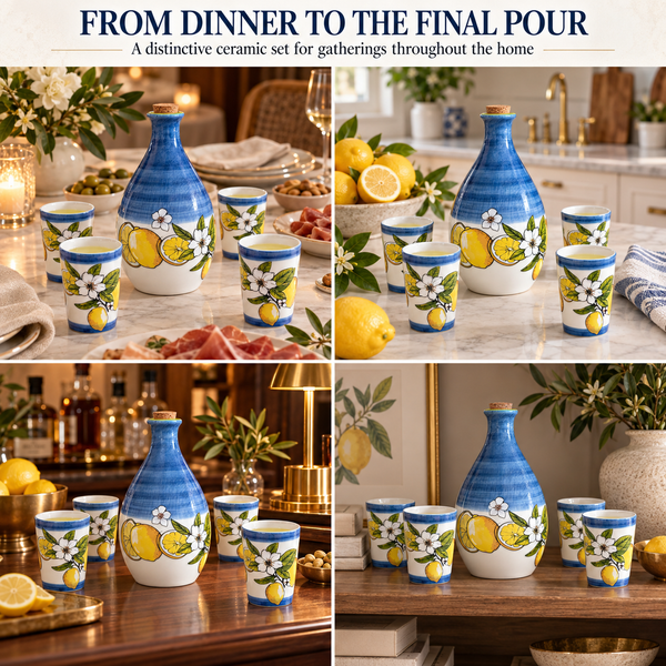 Limoncello Bottle With 4 Cups 24Oz Carafe 3 Oz Cups Ceramic Italian Barware
