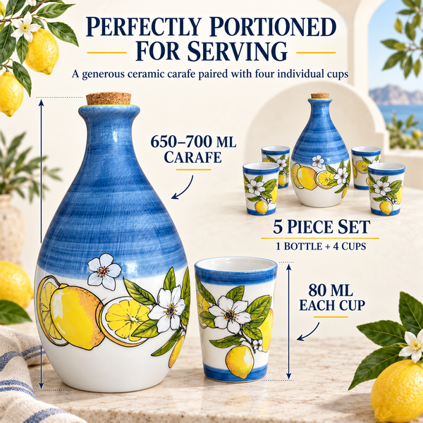 Limoncello Bottle With 4 Cups 24Oz Carafe 3 Oz Cups Ceramic Italian Barware