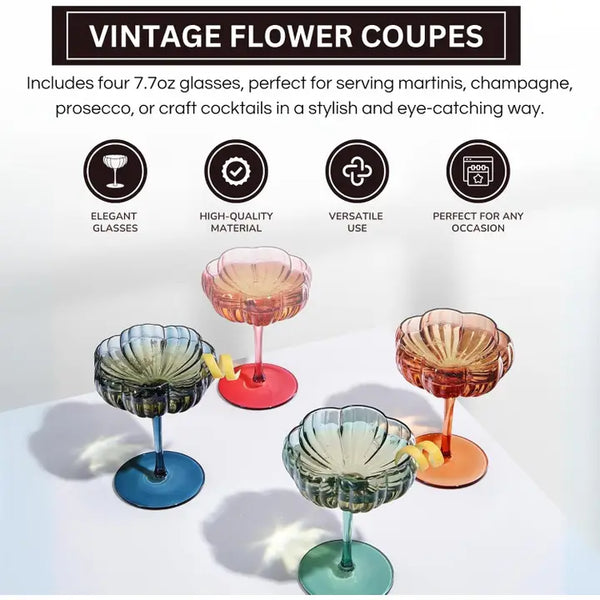 Flower Coupe Cocktail Colored Glasses | Set of 4 | Muted