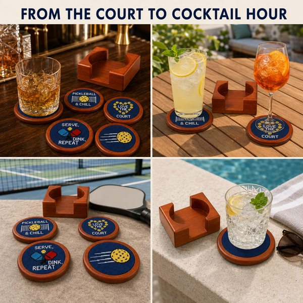 Pickleball Hand-Stitched Needlepoint Coasters - Set of 4