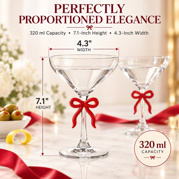 Clear Martini Glass with Red Bow on Stem, Set of 2