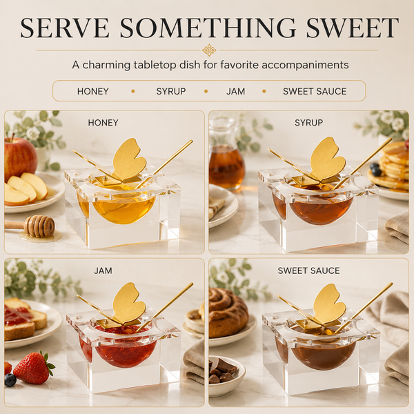 Butterfly Honey Dish with Gold Spoon | Clear Glass Sweet Dessert Bowl