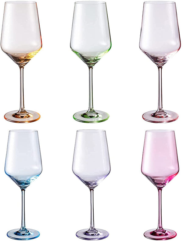 Colored Crystal Wine Glass Set of 6, Large Stemmed 12 oz Glasses, Great for all Occasions & Special Celebrations Unique Italian Style Tall Drinkware for Red & White Wine, Water Dinner, Color Glassware