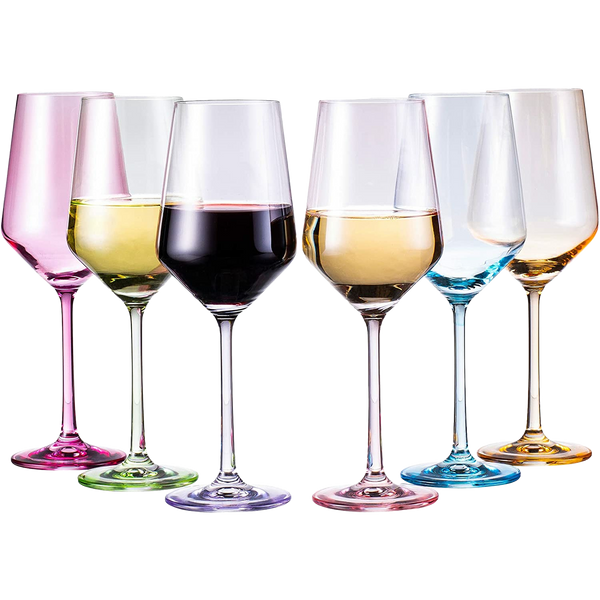 Colored Crystal Wine Glass Set of 6, Large Stemmed 12 oz Glasses, Great for all Occasions & Special Celebrations Unique Italian Style Tall Drinkware for Red & White Wine, Water Dinner, Color Glassware