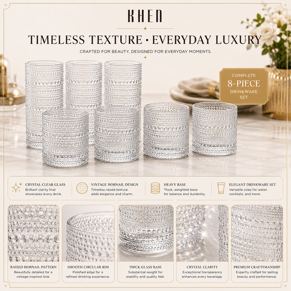 Vintage Hobnail Drinking Glasses Set of 8, 12 oz Highball Glasses & 10 oz Cocktail Glasses Set