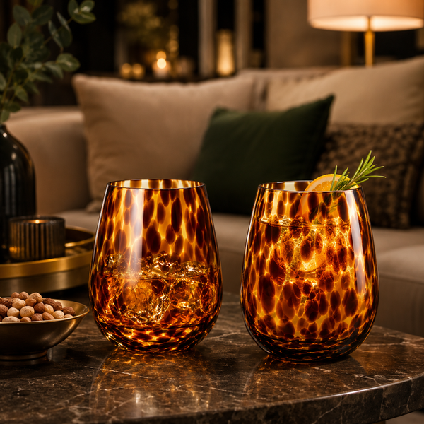 Leopard Print Amber Colored Stemless Wine Glass |  Set of 2