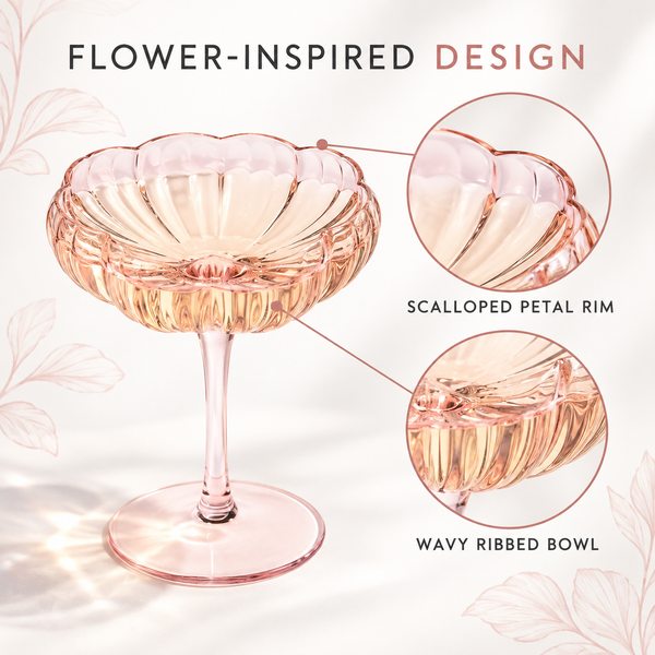 Flower Wave Champagne Coupe Cocktail Glassware, Set of 4