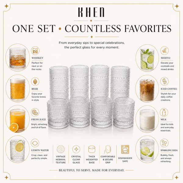 Vintage Hobnail Drinking Glasses Set of 8, 12 oz Highball Glasses & 10 oz Cocktail Glasses Set