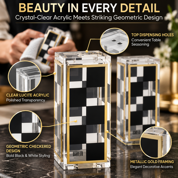 Checkered Salt and Pepper Shakers Set, Black White Square Design with 3 & 5 Holes