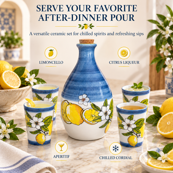 Limoncello Bottle With 4 Cups 24Oz Carafe 3 Oz Cups Ceramic Italian Barware