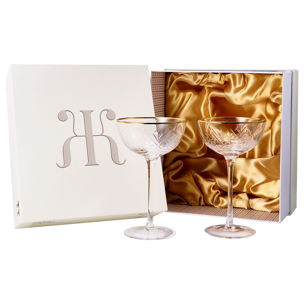 Vintage Art Deco Luxury Coupe Glasses, Cocktails, Martini, Margarita, In Premium Gift Box 24K Gold Rim | Set of 2 | 8 oz Classic Cocktail Glassware - Champagne, Manhattan, Cosmopolitan Crystal Goble