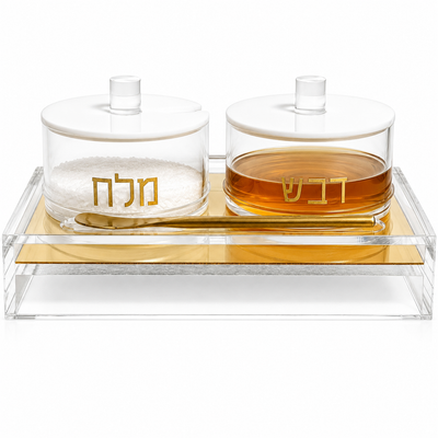 Rosh Hashanah Honey And Salt Dish Set Lids Spoon Clear Acrylic Judaica