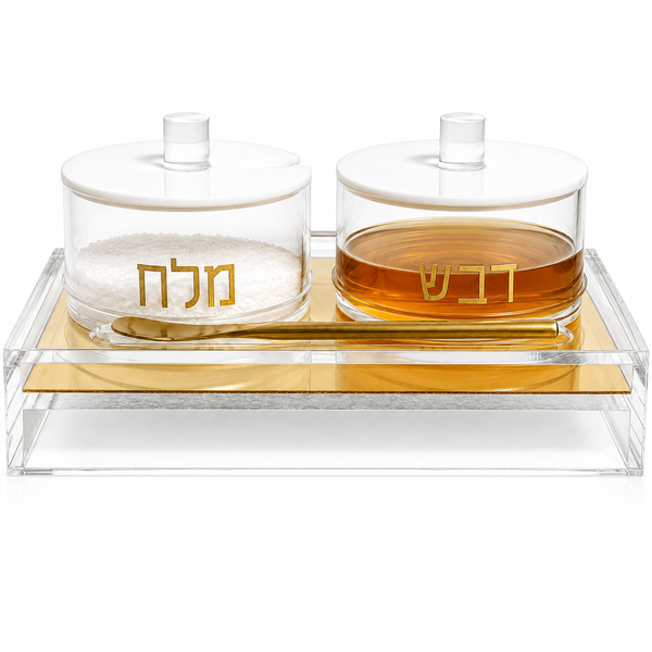 Rosh Hashanah Honey And Salt Dish Set Lids Spoon Clear Acrylic Judaica
