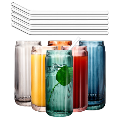 Tonal Ribbed Soda Can Highball Glassware & 6 Glass Straws, Set of 6