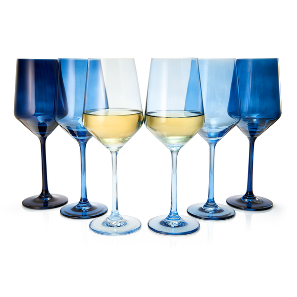 Colored Wine Glass Set, 12oz Glasses Set of 6 For All Occasions & Special Celebrations Gift For Him, Her, Wife, Friend Drinkware Unique Style Tall Stemmed for White & Red Wine Elegant Glassware (Blue)