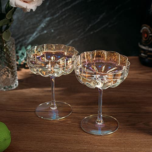 Wave Champagne Coupe Cocktail Glassware, Iridescent, Set of 2