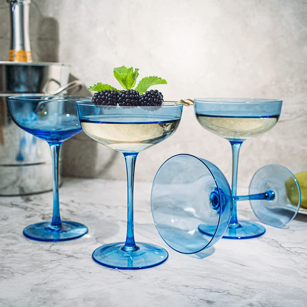 Vicolo Champagne Coupe, Cocktail Glassware, Set of 4, Blue